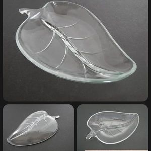 Clear Glass Leaf Divided Relish Dish Vintage Decor
